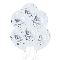 Weißer Latexballon Happy Birthday silber 30cm - Sempertex - 12 Stk.