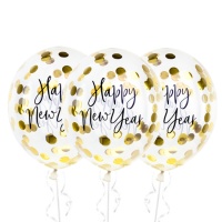 Klare Latexballons mit goldenem Konfetti Happy New Year 27 cm - PartyDeco - 3 Stück