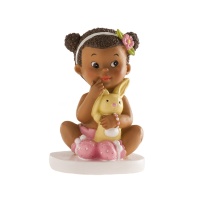 Figur für Taufe Kuchen mit Baby Brünette mit Hase - 10 cm