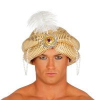 Goldener Maraja-Turban mit Federn und Perlen