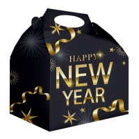 Schwarz-goldene Happy New Year Box 20 x 16 x 11 cm - 12 Stück.