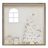 Holzfigur einer Weihnachtsszene mit Baum und Wichteln im Rahmen 25 x 7,5 cm - Artis decor