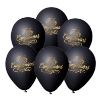 Schwarze biologisch abbaubare Latexballons mit einem Happy Birthday Spruch in Gold 23 cm - 6 Stück