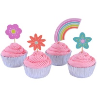 Cupcake-Kapseln mit Regenbogen und Blumenpicks - 24 Stk.