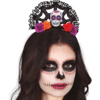 Catrina-Stirnband mit Spinnennetz und Blumen