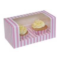 Rosa und weiß gestreifte Cupcake-Box für 2 Cupcakes - 2 Stück