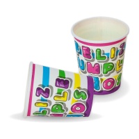 Happy Birthday Becher mit bunten Streifen 9 x 8 cm - 8 Stück.