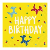 Gelbe Happy Birthday Servietten mit Hunden - 16,5 x 16,5 cm - 16 Stück.