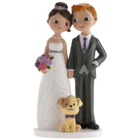 Figur für Hochzeitstorte von Braut und Bräutigam mit Maskottchen von 16 cm.