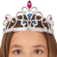 Silberne Tiara mit blauen und fuchsiafarbenen Steinen