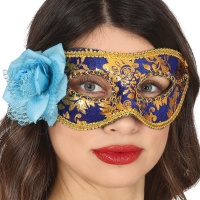 Marineblaue und goldene Maske mit blauer Rose