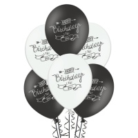 Schwarze und weiße pastellfarbene Latex-Luftballons Happy Birthday 30 cm - PartyDeco - 6 Stück