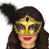 Venezianische Maske mit schwarzem und goldenem Farbverlauf und schwarzer Feder.