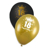 Schwarz-goldene Latexballons Happy 18th mit Krone 23 cm - 6 Stück