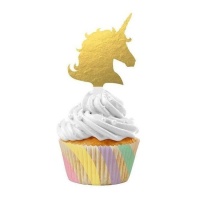 Goldene Einhorn-Silhouette Cupcake-Kapseln und Picks - 24 Stück.