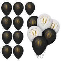 Schwarze und weiße Latex-Ballons mit goldenen Zahlen 23 cm - 6 Stück